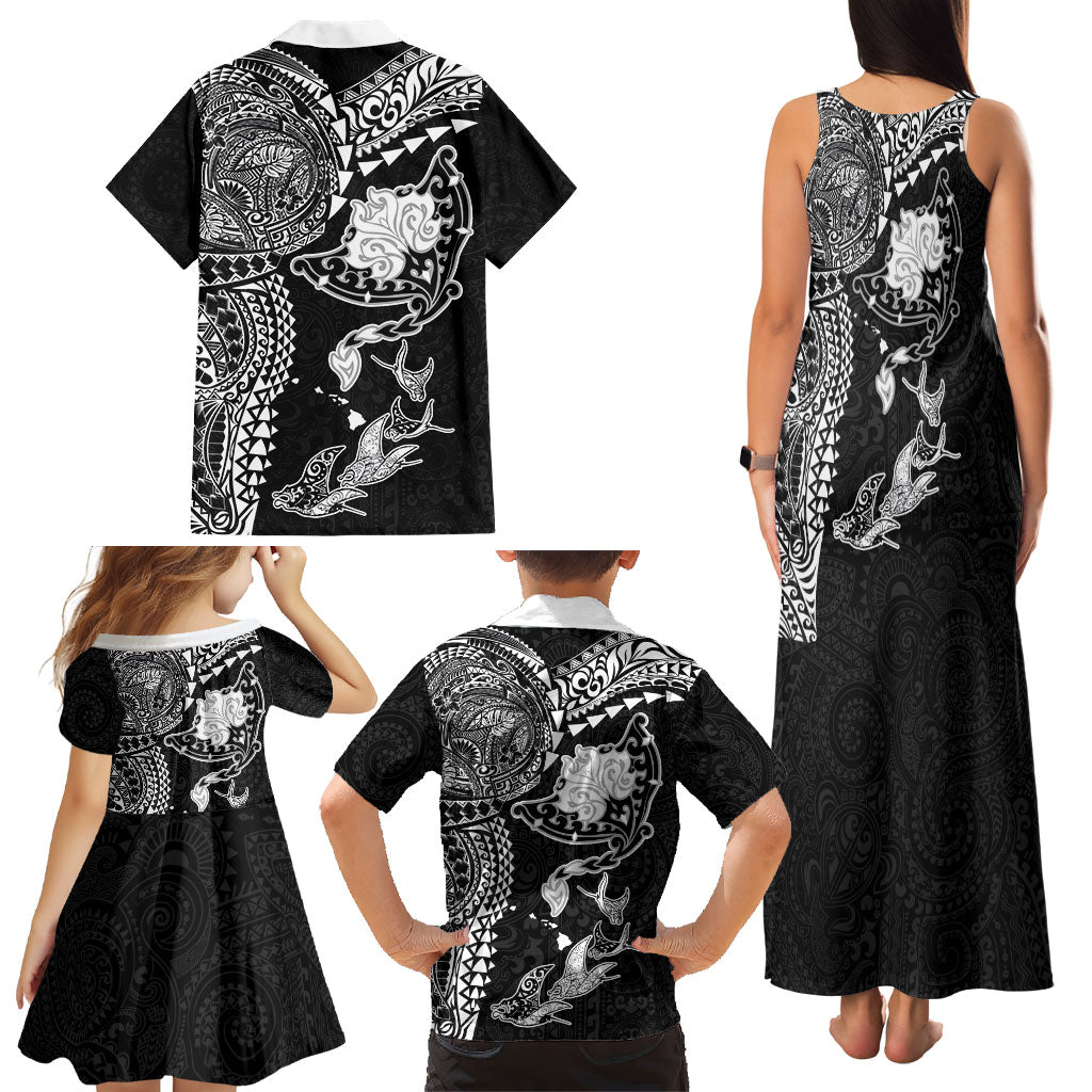Hawaiian Manta Ray Tribal Family Matching Tank Maxi Dress and Hawaiian Shirt Polynesian Art Motifs Black Color