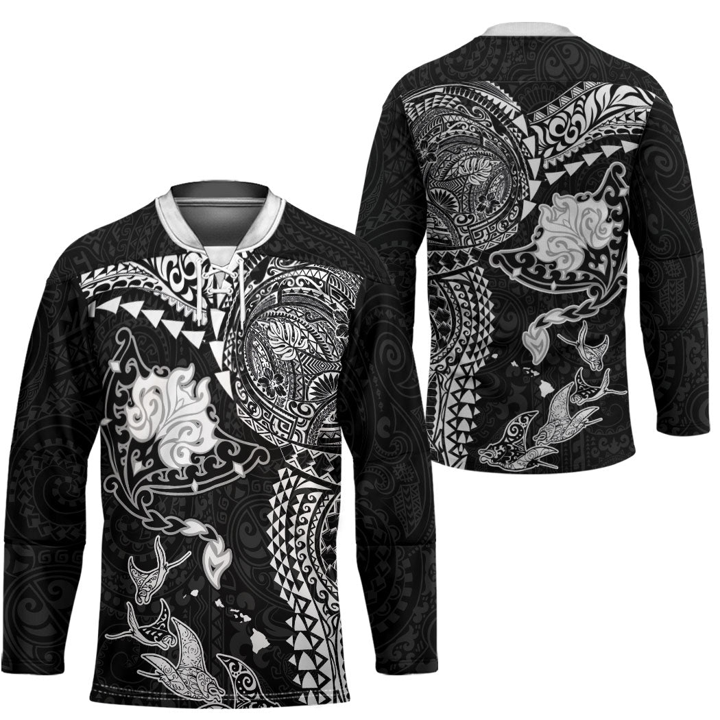 Hawaiian Manta Ray Tribal Hockey Jersey Polynesian Art Motifs Black Color