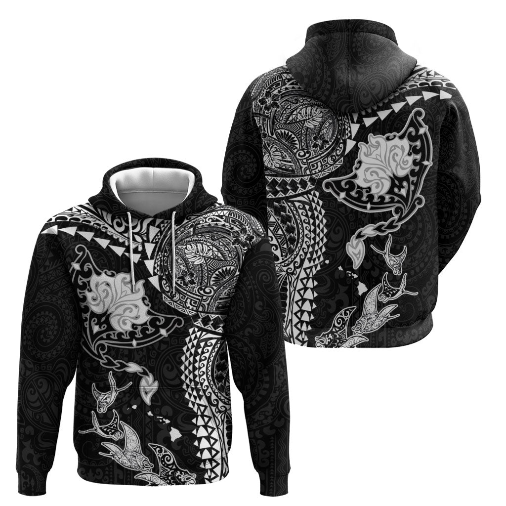 Hawaiian Manta Ray Tribal Hoodie Polynesian Art Motifs Black Color