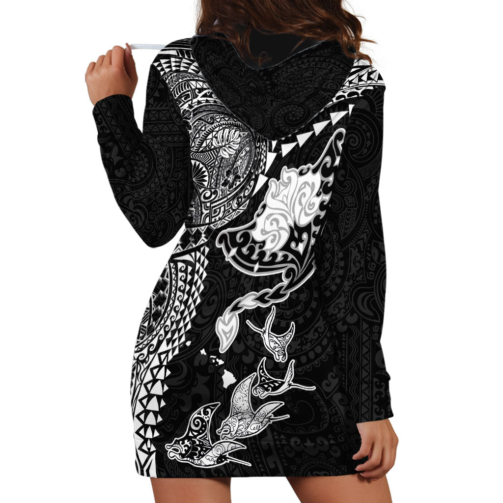 Hawaiian Manta Ray Tribal Hoodie Dress Polynesian Art Motifs Black Color