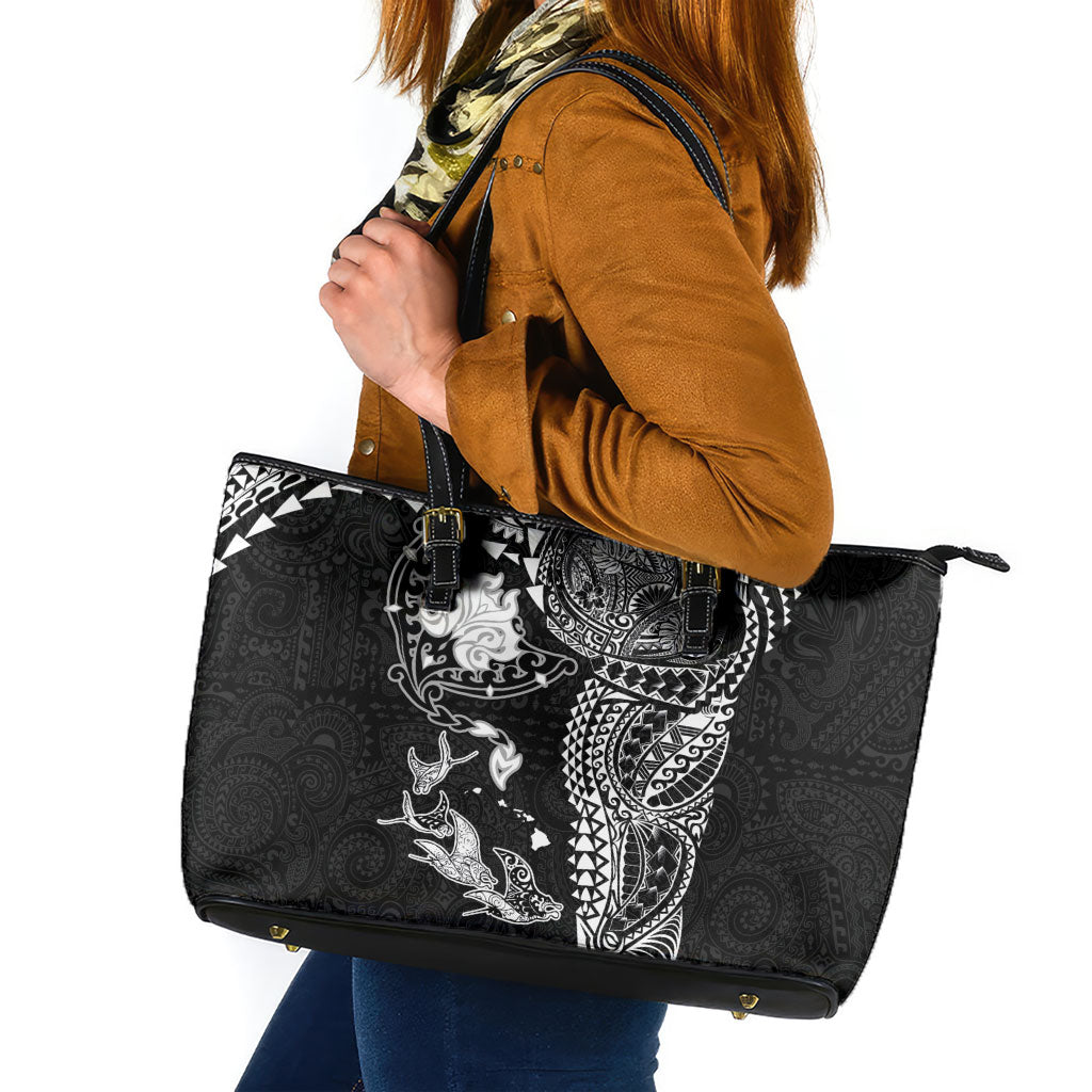 Hawaiian Manta Ray Tribal Leather Tote Bag Polynesian Art Motifs Black Color LT03 Black - Polynesian Pride