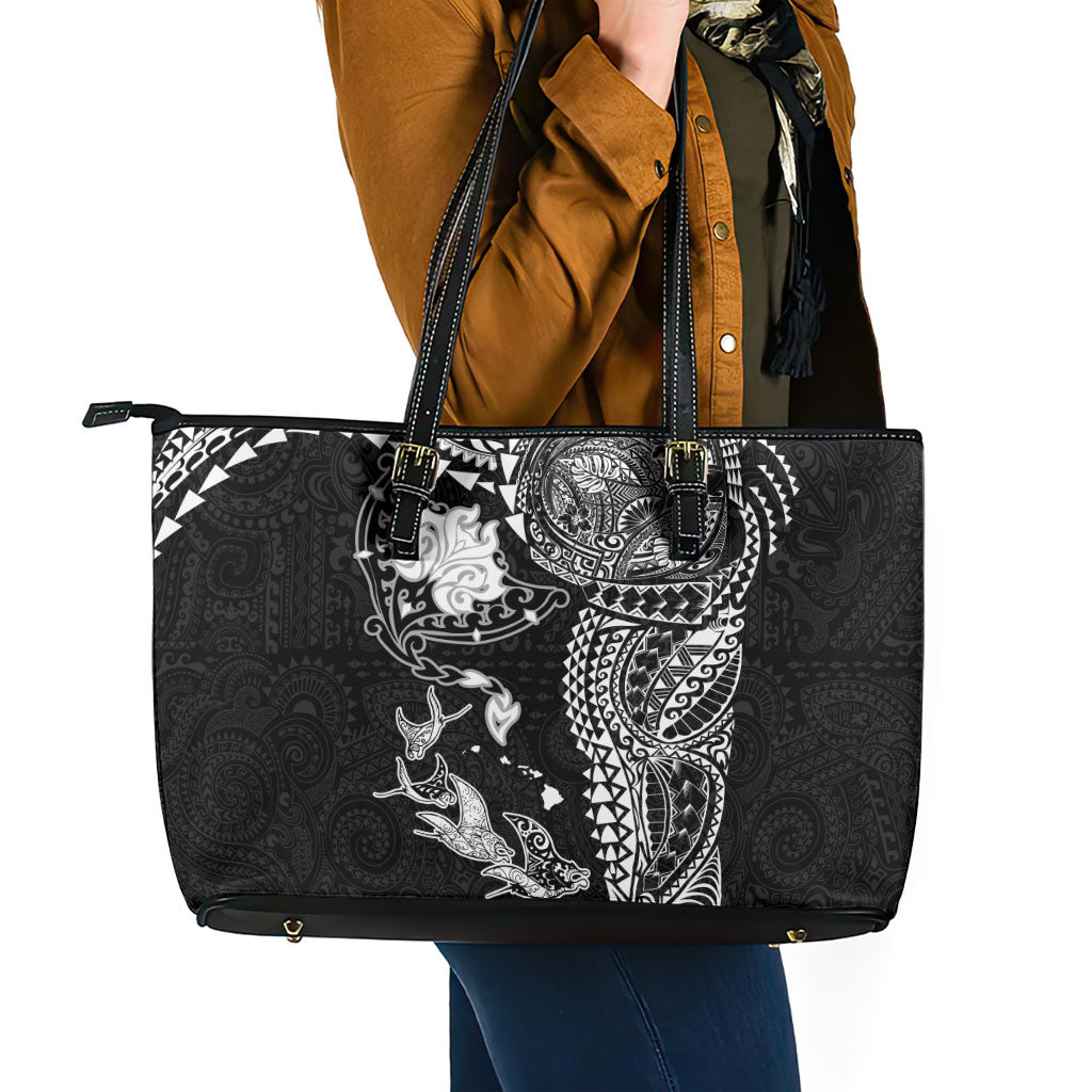 Hawaiian Manta Ray Tribal Leather Tote Bag Polynesian Art Motifs Black Color LT03 - Polynesian Pride