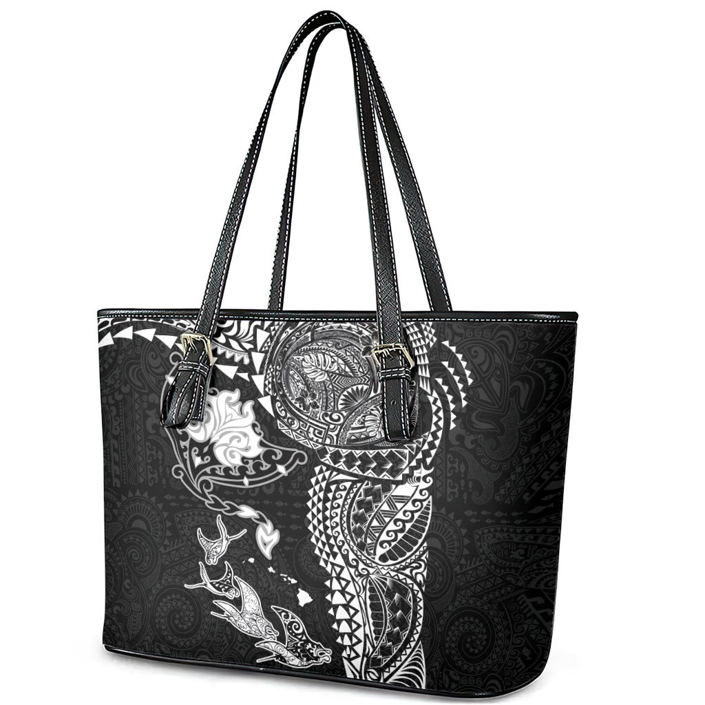 Hawaiian Manta Ray Tribal Leather Tote Bag Polynesian Art Motifs Black Color LT03 - Polynesian Pride