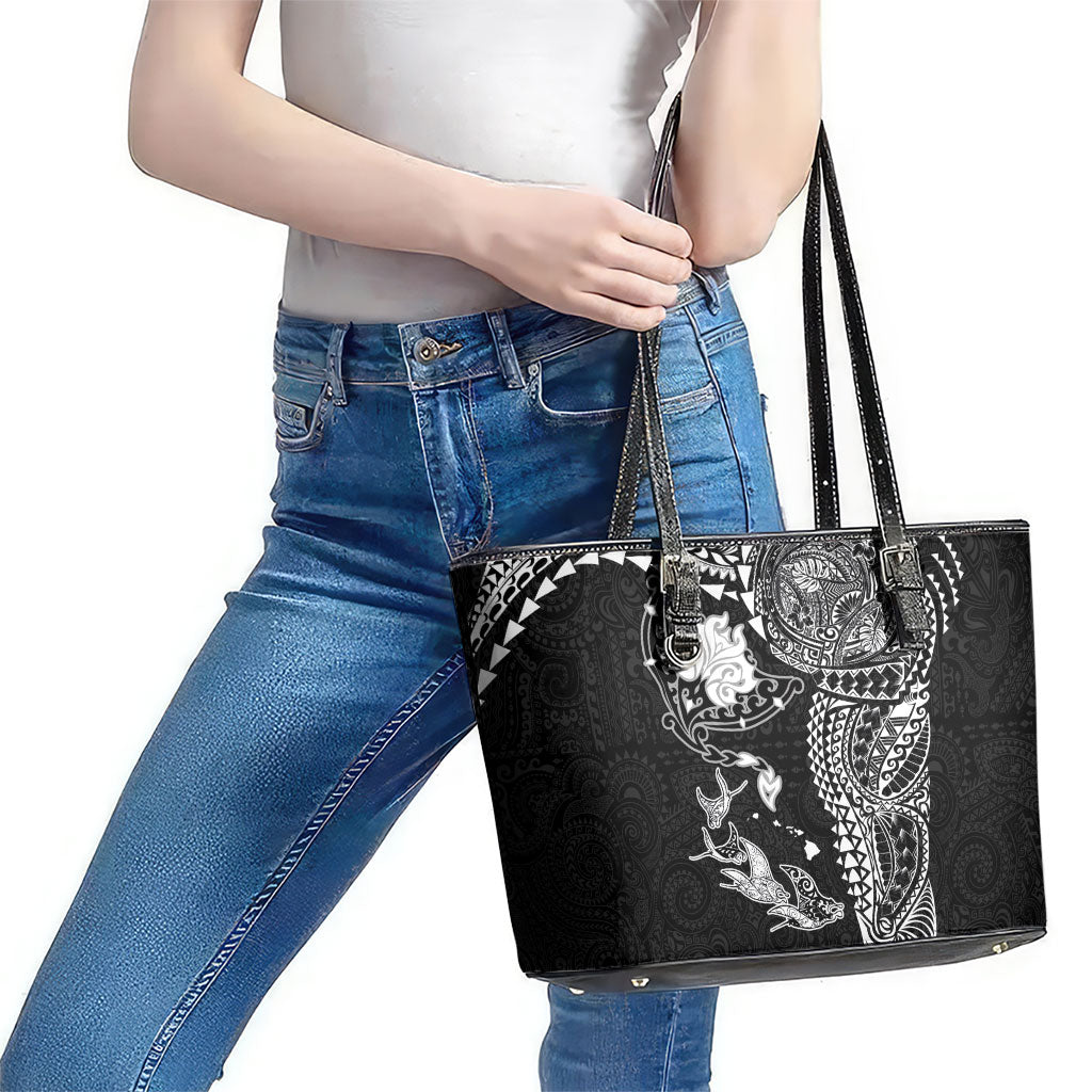 Hawaiian Manta Ray Tribal Leather Tote Bag Polynesian Art Motifs Black Color LT03 - Polynesian Pride