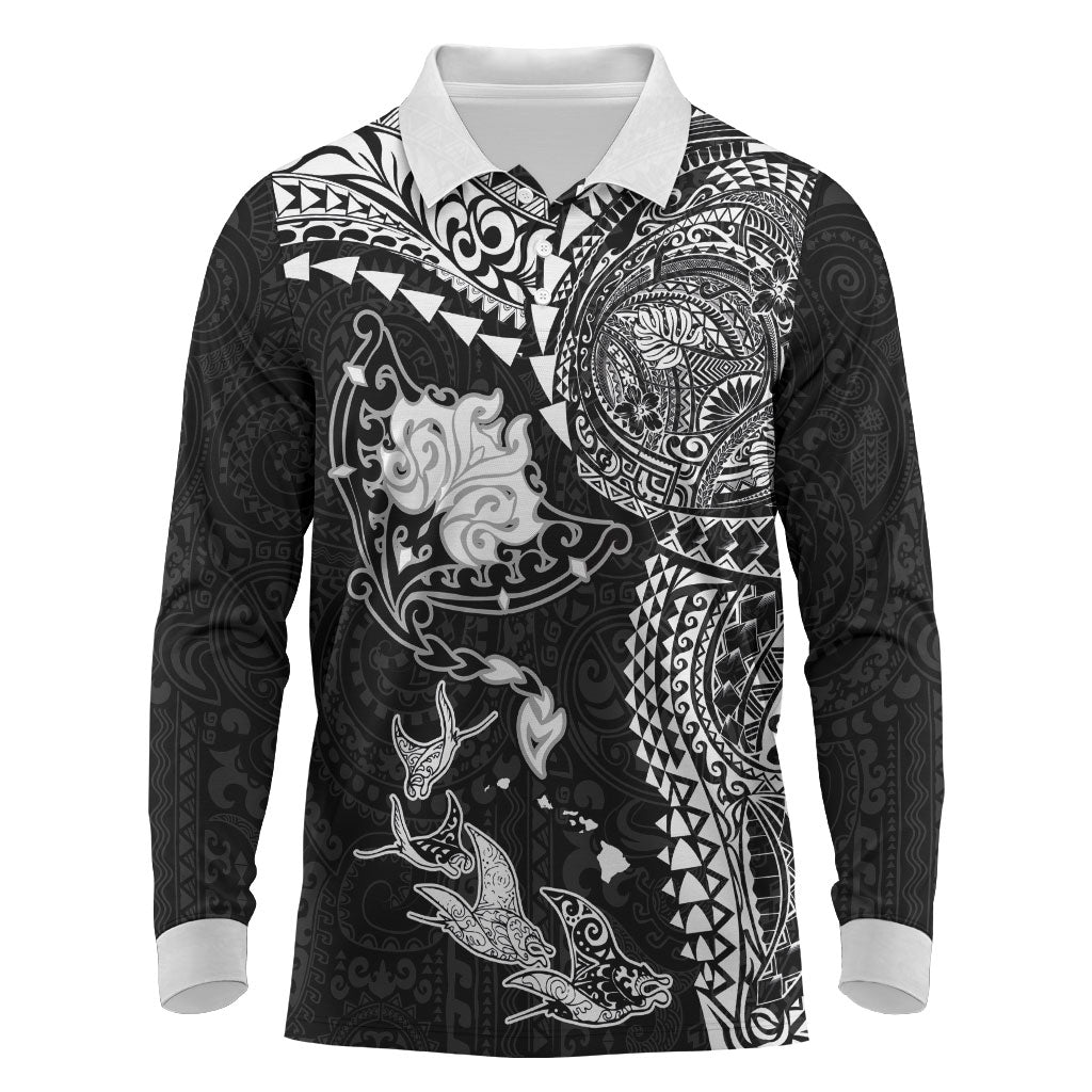 Hawaiian Manta Ray Tribal Long Sleeve Polo Shirt Polynesian Art Motifs Black Color