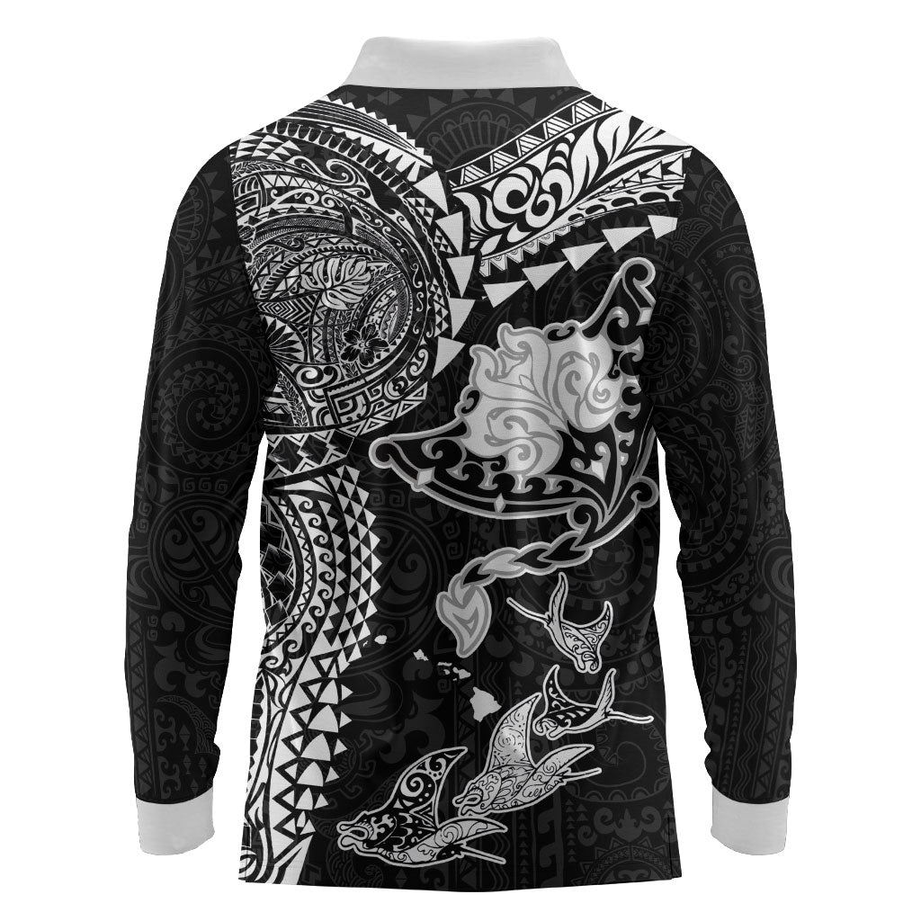 Hawaiian Manta Ray Tribal Long Sleeve Polo Shirt Polynesian Art Motifs Black Color
