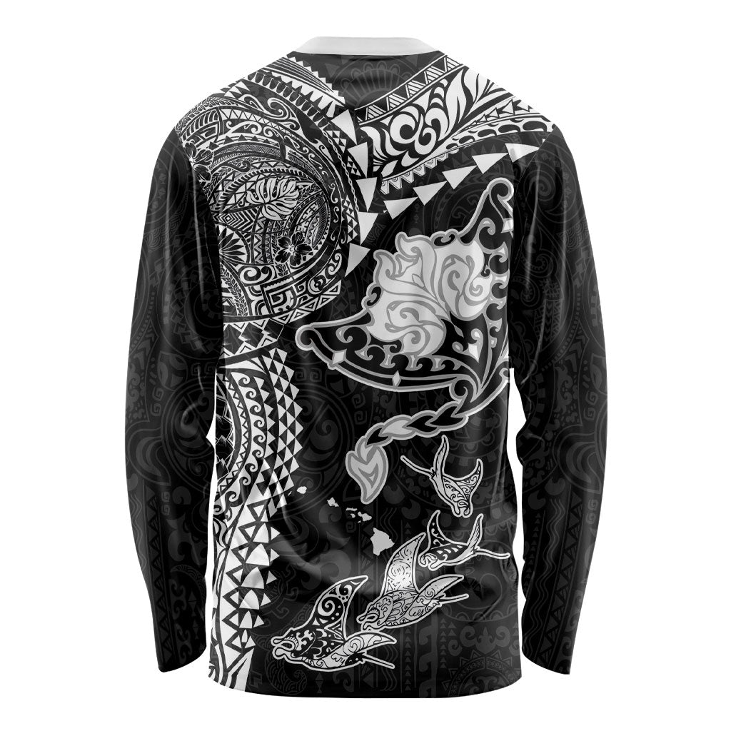 Hawaiian Manta Ray Tribal Long Sleeve Shirt Polynesian Art Motifs Black Color
