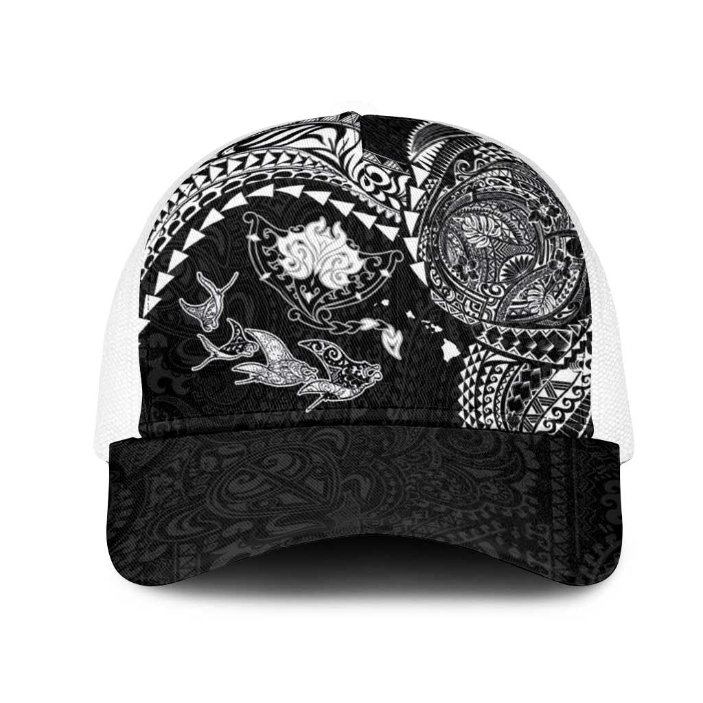 Hawaiian Manta Ray Tribal Mesh Trucker Cap Polynesian Art Motifs Black Color LT03 One Size White Black - Polynesian Pride