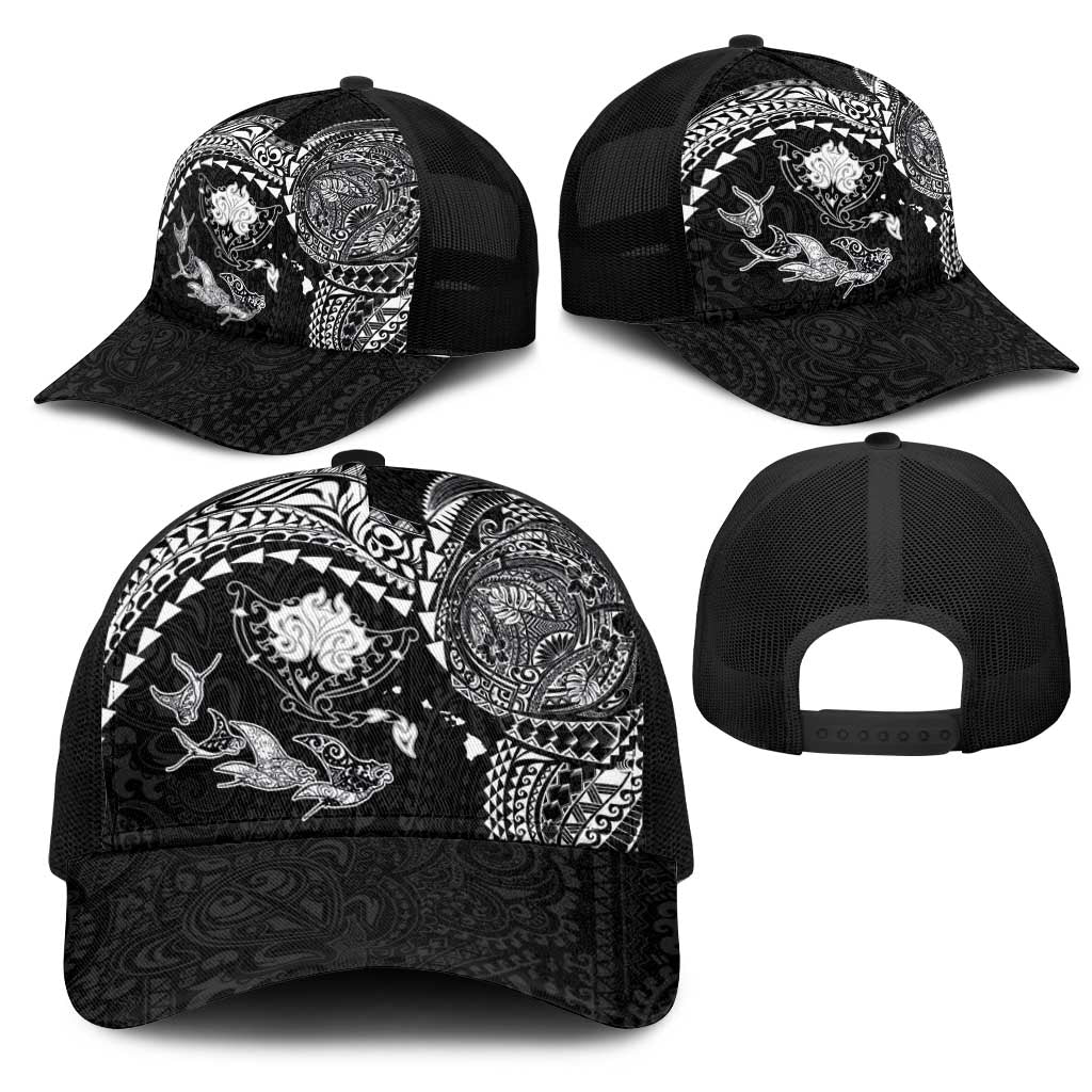 Hawaiian Manta Ray Tribal Mesh Trucker Cap Polynesian Art Motifs Black Color