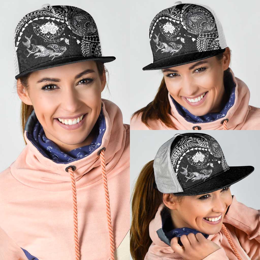 Hawaiian Manta Ray Tribal Mesh Trucker Cap Polynesian Art Motifs Black Color