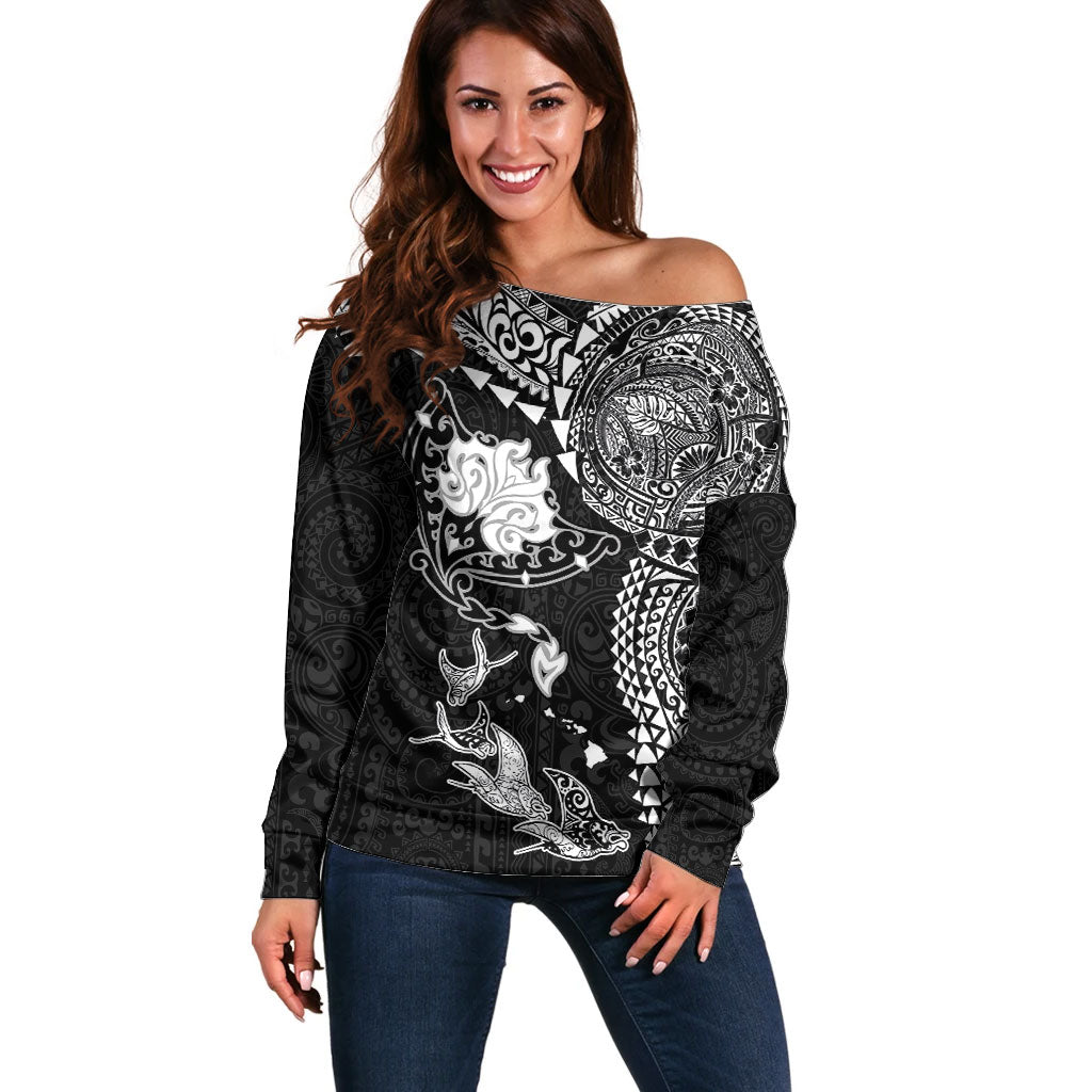 Hawaiian Manta Ray Tribal Off Shoulder Sweater Polynesian Art Motifs Black Color LT03 Women Black - Polynesian Pride