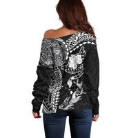 Hawaiian Manta Ray Tribal Off Shoulder Sweater Polynesian Art Motifs Black Color LT03 - Polynesian Pride
