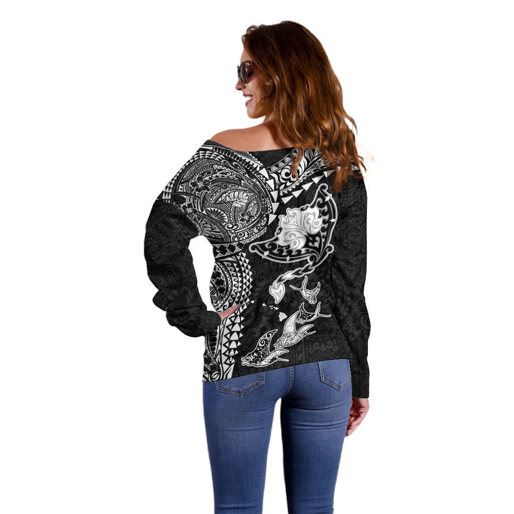 Hawaiian Manta Ray Tribal Off Shoulder Sweater Polynesian Art Motifs Black Color LT03 - Polynesian Pride