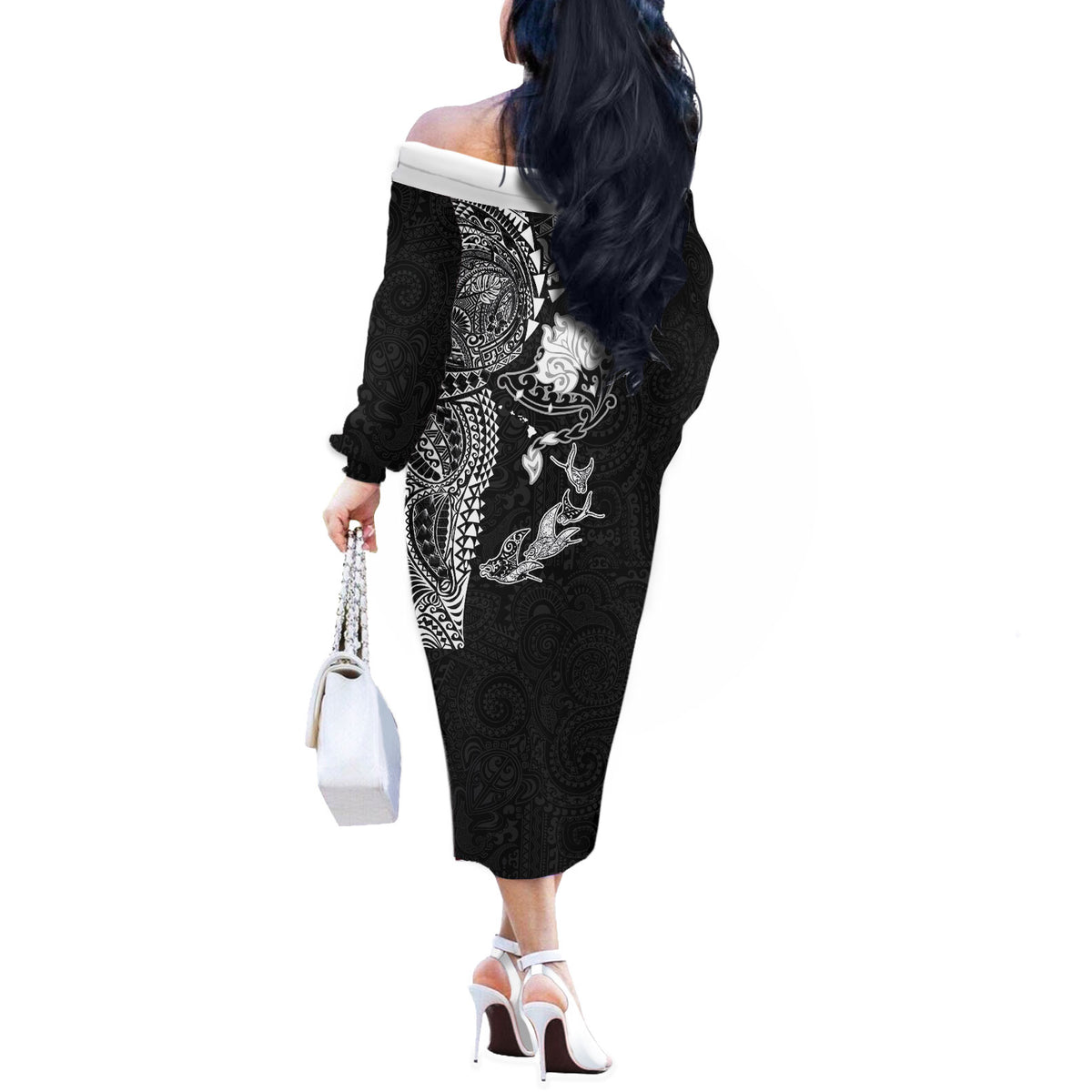 Hawaiian Manta Ray Tribal Off The Shoulder Long Sleeve Dress Polynesian Art Motifs Black Color