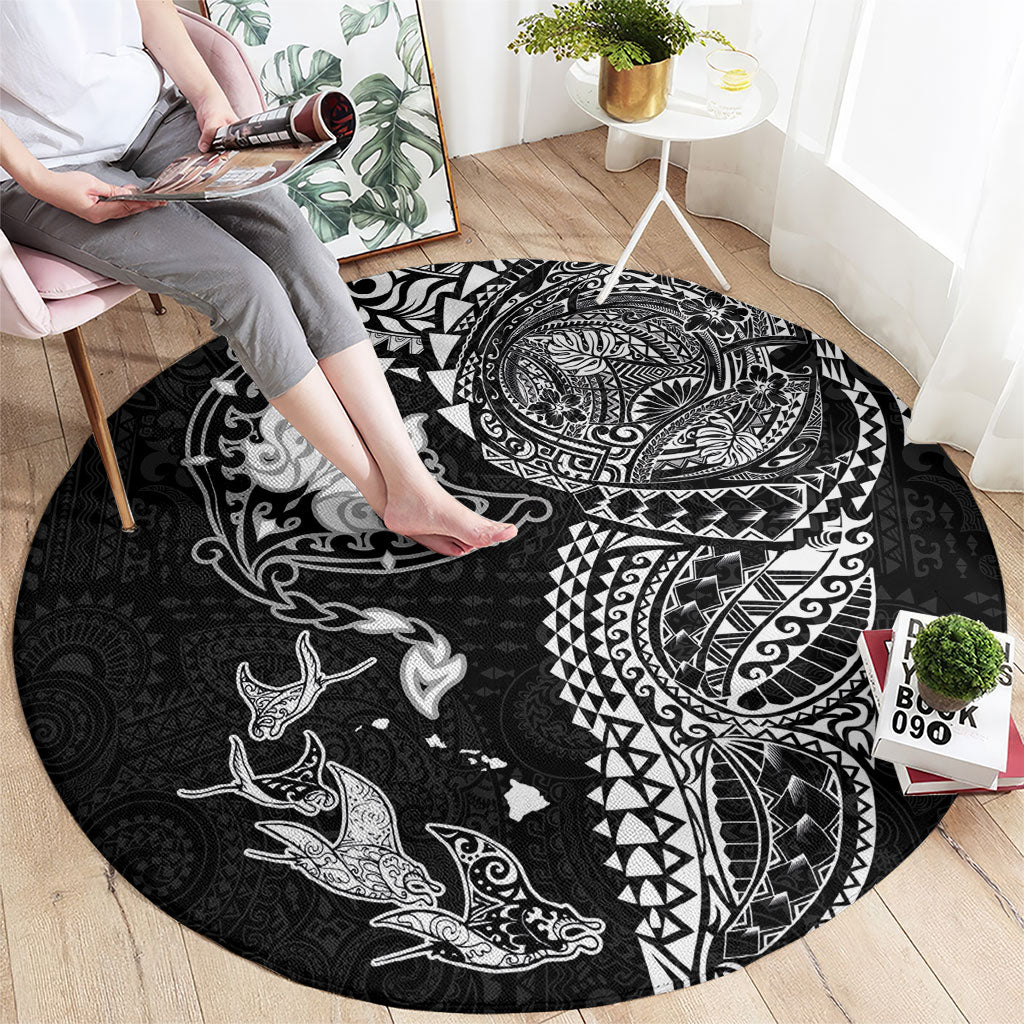 Hawaiian Manta Ray Tribal Round Carpet Polynesian Art Motifs Black Color