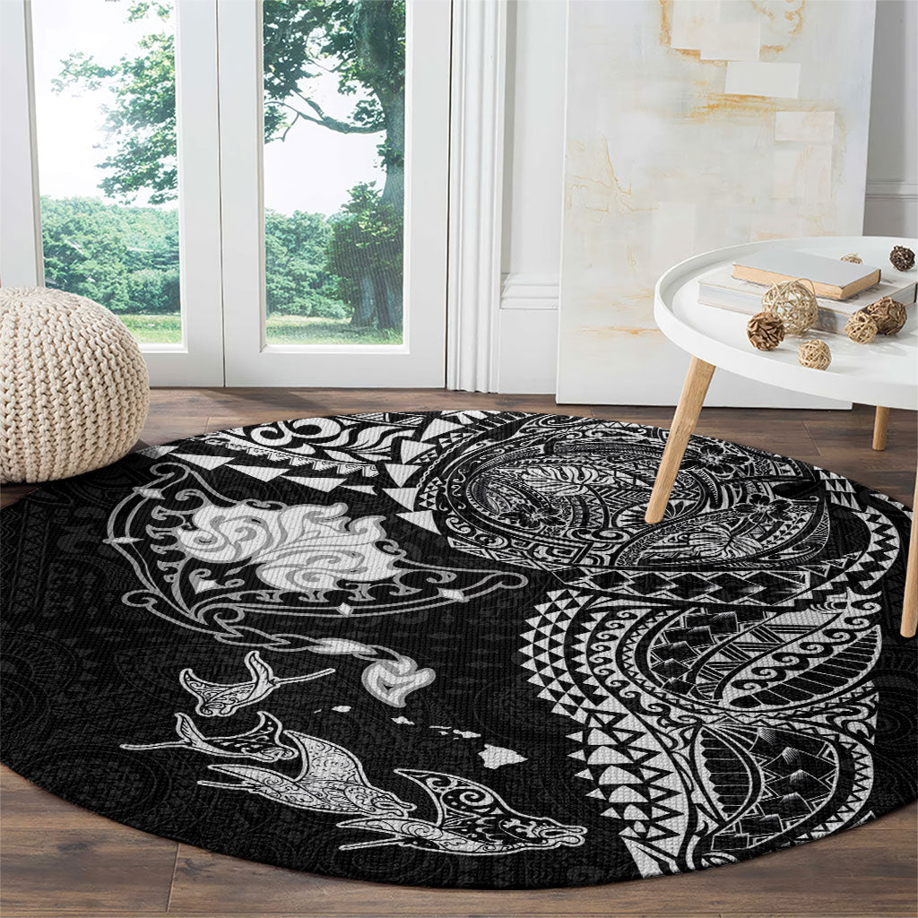 Hawaiian Manta Ray Tribal Round Carpet Polynesian Art Motifs Black Color