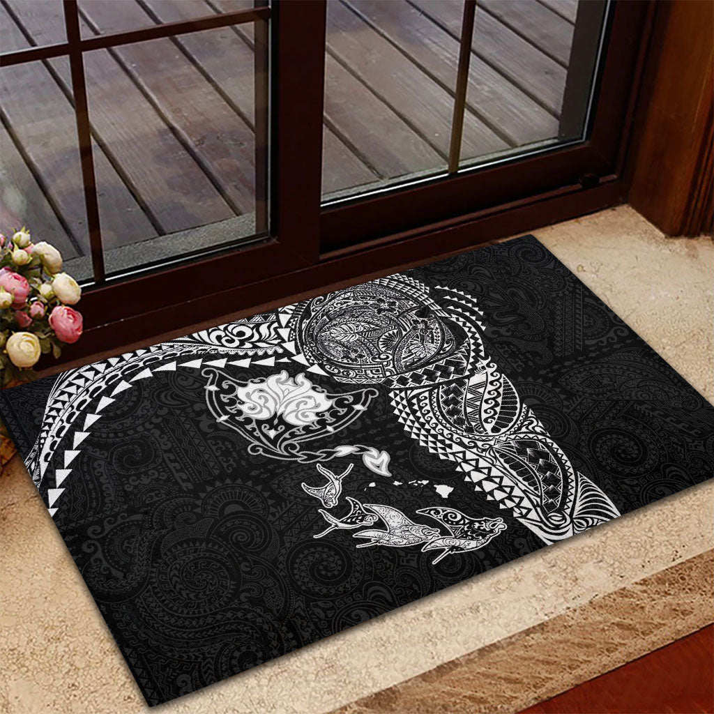Hawaiian Manta Ray Tribal Rubber Doormat Polynesian Art Motifs Black Color