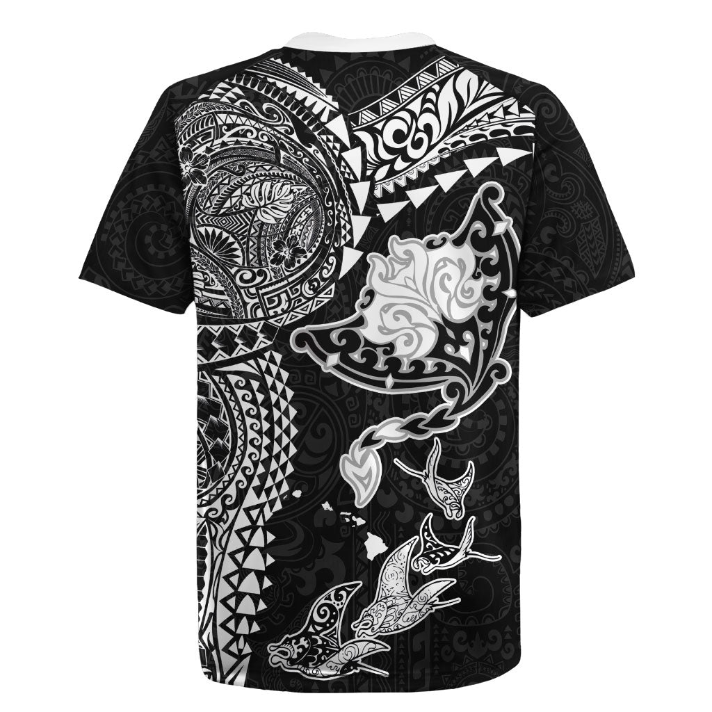 Hawaiian Manta Ray Tribal Rugby Jersey Polynesian Art Motifs Black Color LT03 - Polynesian Pride