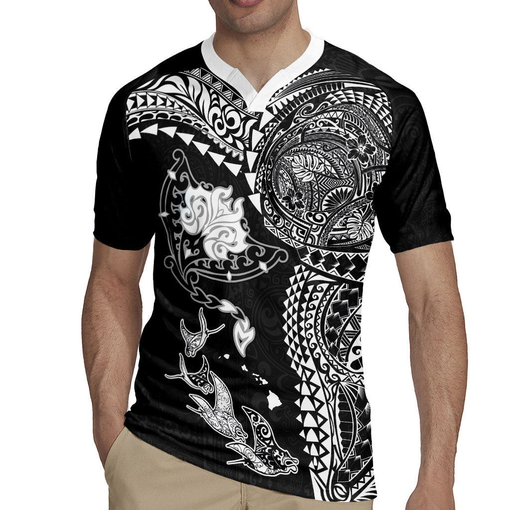Hawaiian Manta Ray Tribal Rugby Jersey Polynesian Art Motifs Black Color LT03 - Polynesian Pride