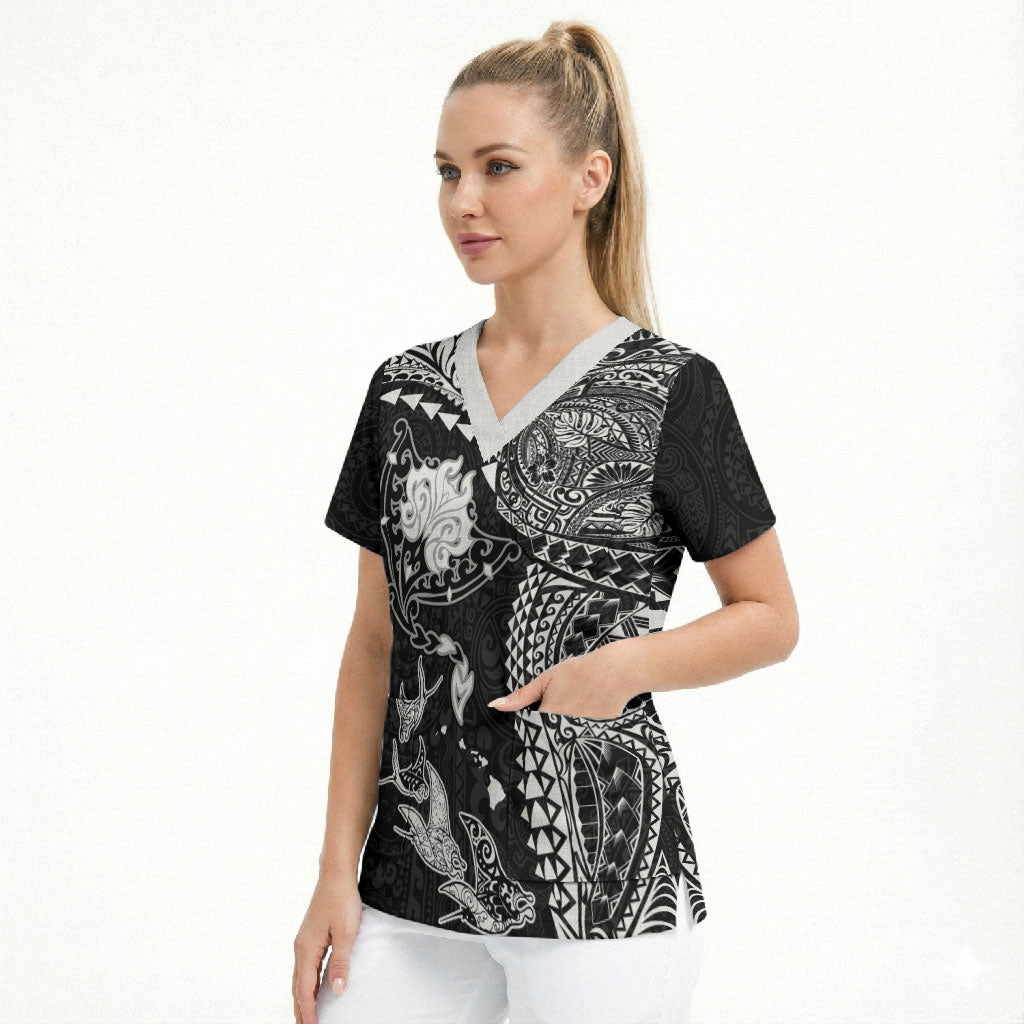 Hawaiian Manta Ray Tribal Scrub Top Polynesian Art Motifs Black Color