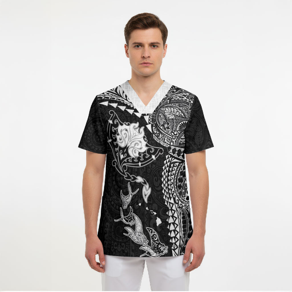 Hawaiian Manta Ray Tribal Scrub Top Polynesian Art Motifs Black Color