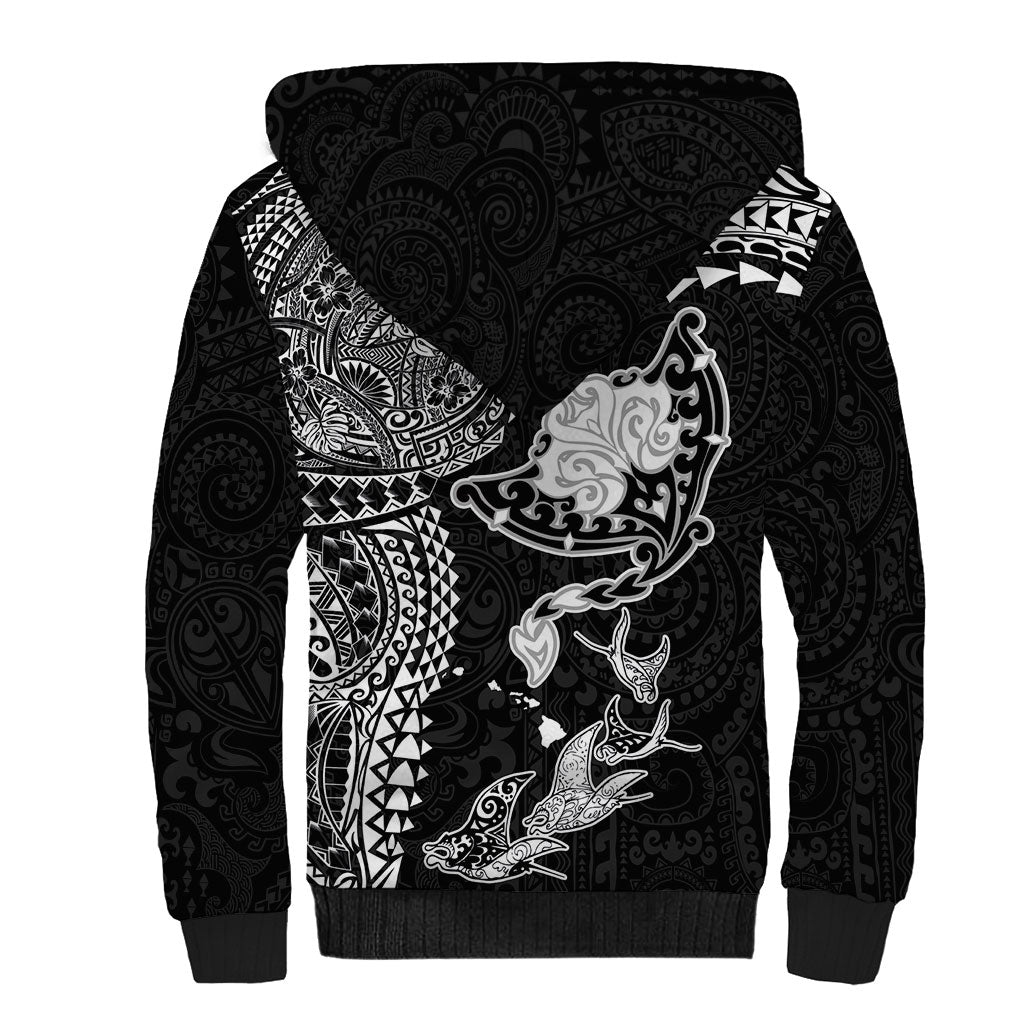 Hawaiian Manta Ray Tribal Sherpa Hoodie Polynesian Art Motifs Black Color