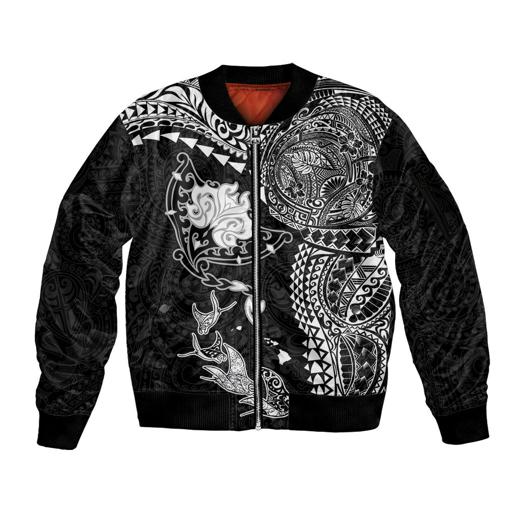 Hawaiian Manta Ray Tribal Sleeve Zip Bomber Jacket Polynesian Art Motifs Black Color LT03 Unisex Black - Polynesian Pride
