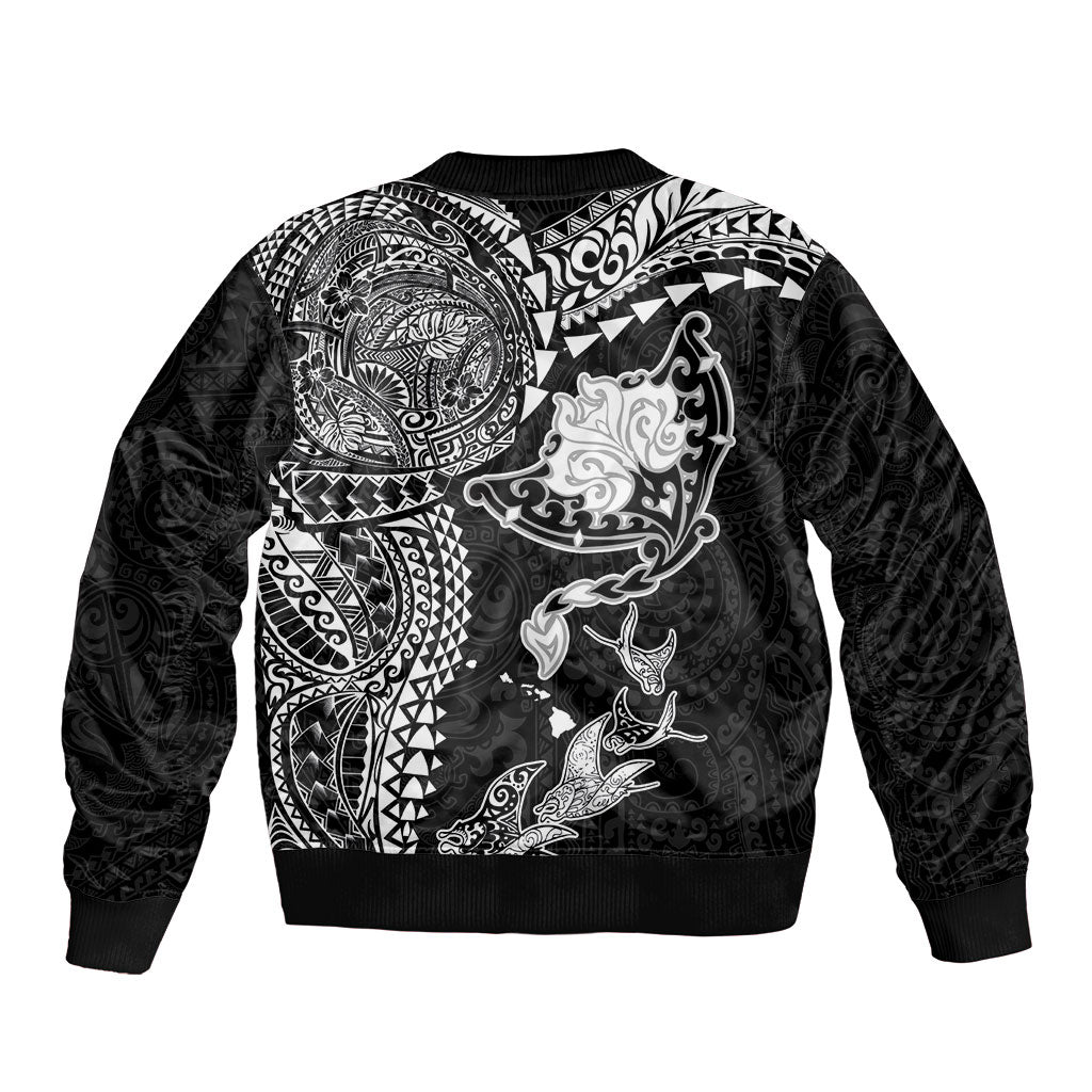 Hawaiian Manta Ray Tribal Sleeve Zip Bomber Jacket Polynesian Art Motifs Black Color LT03 - Polynesian Pride