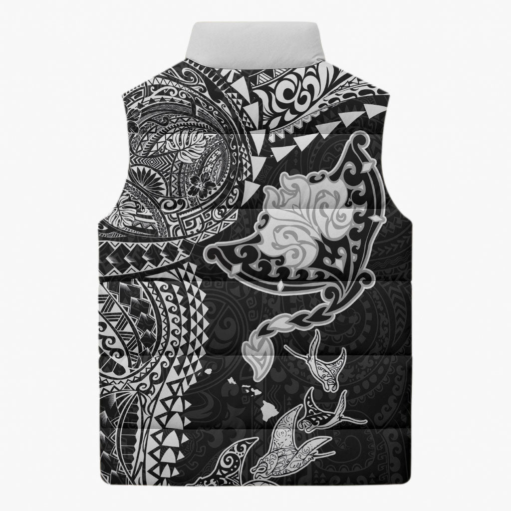 Hawaiian Manta Ray Tribal Sleeveless Puffer Jacket Polynesian Art Motifs Black Color LT03 - Polynesian Pride