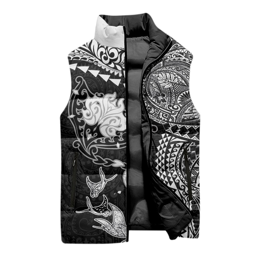 Hawaiian Manta Ray Tribal Sleeveless Puffer Jacket Polynesian Art Motifs Black Color LT03 - Polynesian Pride