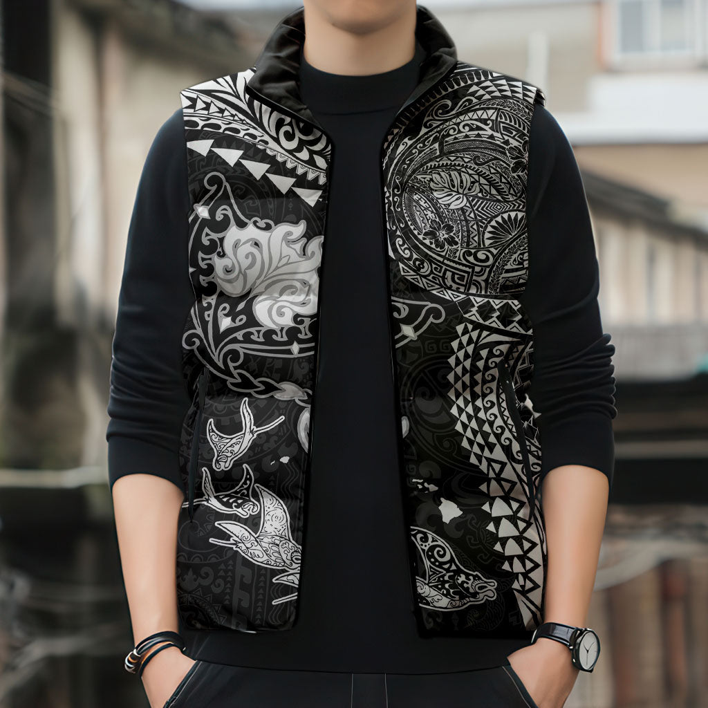 Hawaiian Manta Ray Tribal Sleeveless Puffer Jacket Polynesian Art Motifs Black Color LT03 - Polynesian Pride