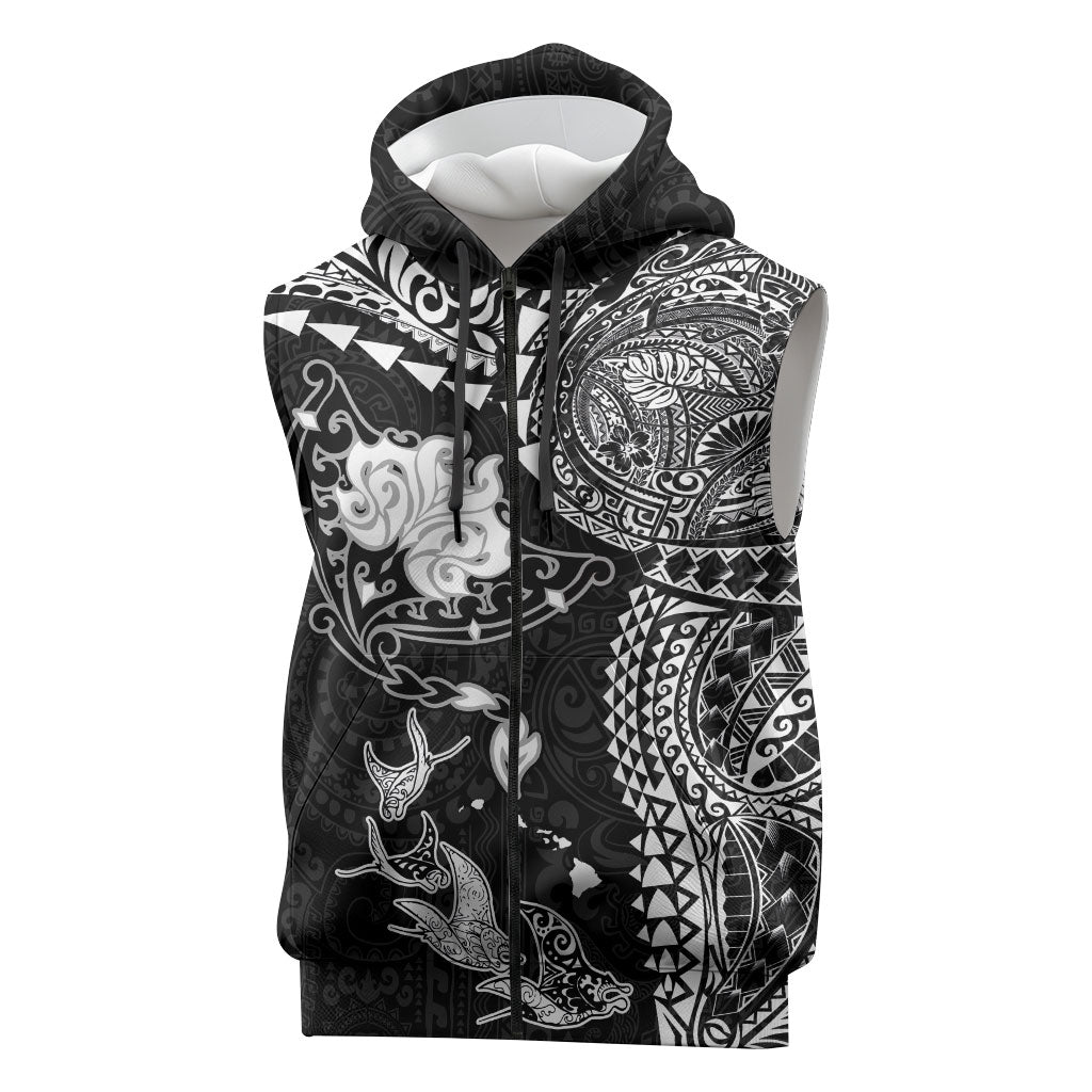 Hawaiian Manta Ray Tribal Sleeveless Zip Hoodie Polynesian Art Motifs Black Color LT03 Black - Polynesian Pride