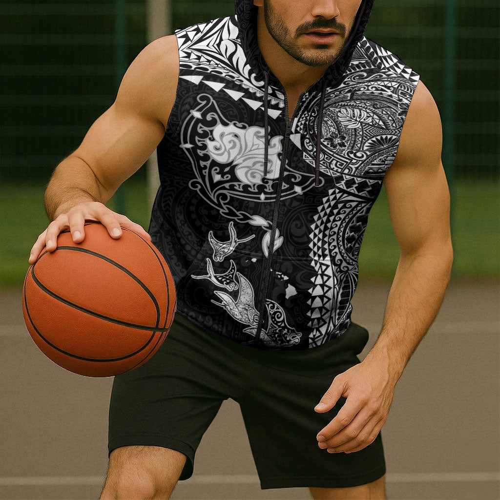 Hawaiian Manta Ray Tribal Sleeveless Zip Hoodie Polynesian Art Motifs Black Color