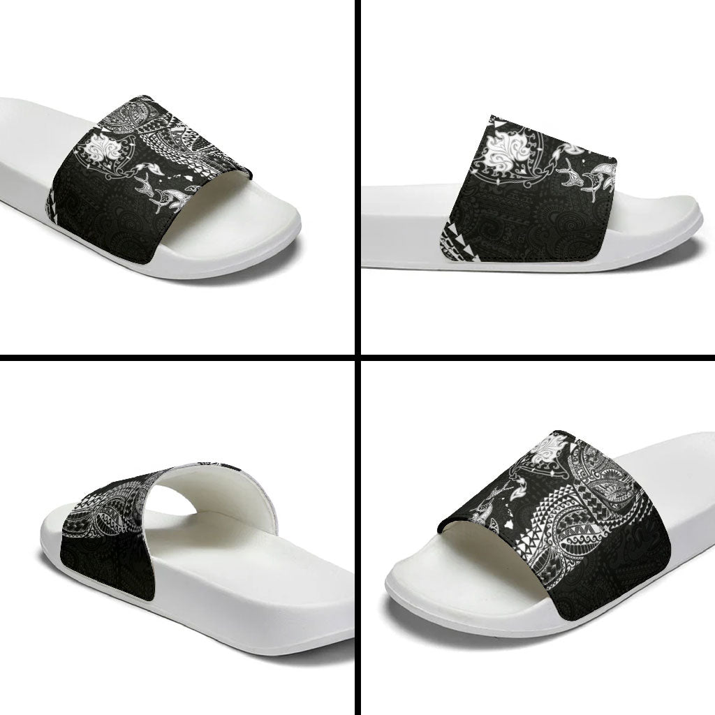 Hawaiian Manta Ray Tribal Slide Sandals Polynesian Art Motifs Black Color LT03 - Polynesian Pride