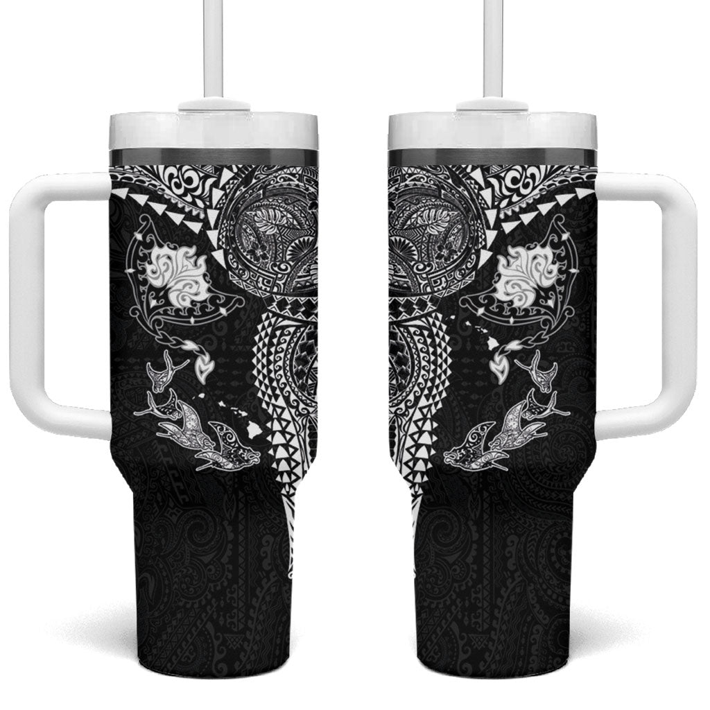 Hawaiian Manta Ray Tribal Tumbler With Handle Polynesian Art Motifs Black Color LT03 One Size: 40 oz Black - Polynesian Pride