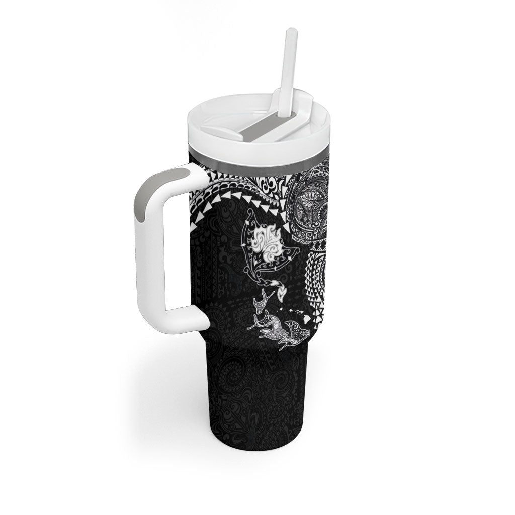 Hawaiian Manta Ray Tribal Tumbler With Handle Polynesian Art Motifs Black Color LT03 - Polynesian Pride
