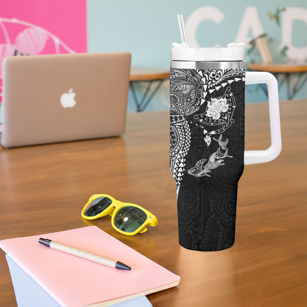 Hawaiian Manta Ray Tribal Tumbler With Handle Polynesian Art Motifs Black Color LT03 - Polynesian Pride