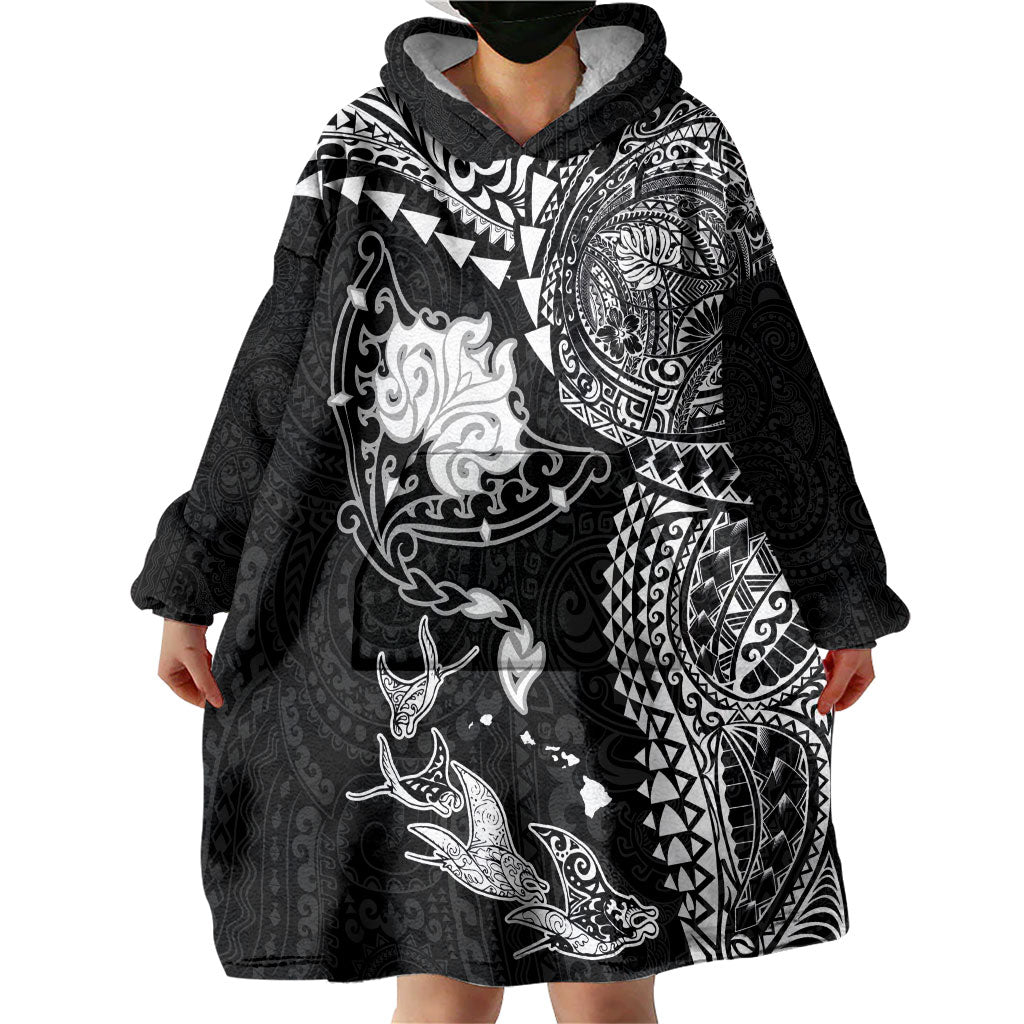 Hawaiian Manta Ray Tribal Wearable Blanket Hoodie Polynesian Art Motifs Black Color