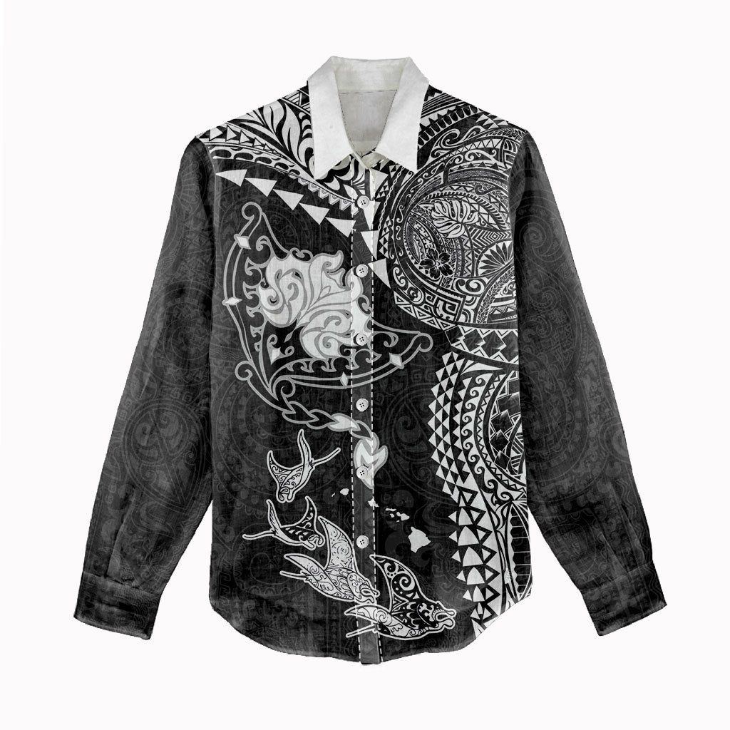 Hawaiian Manta Ray Tribal Women Casual Shirt Polynesian Art Motifs Black Color