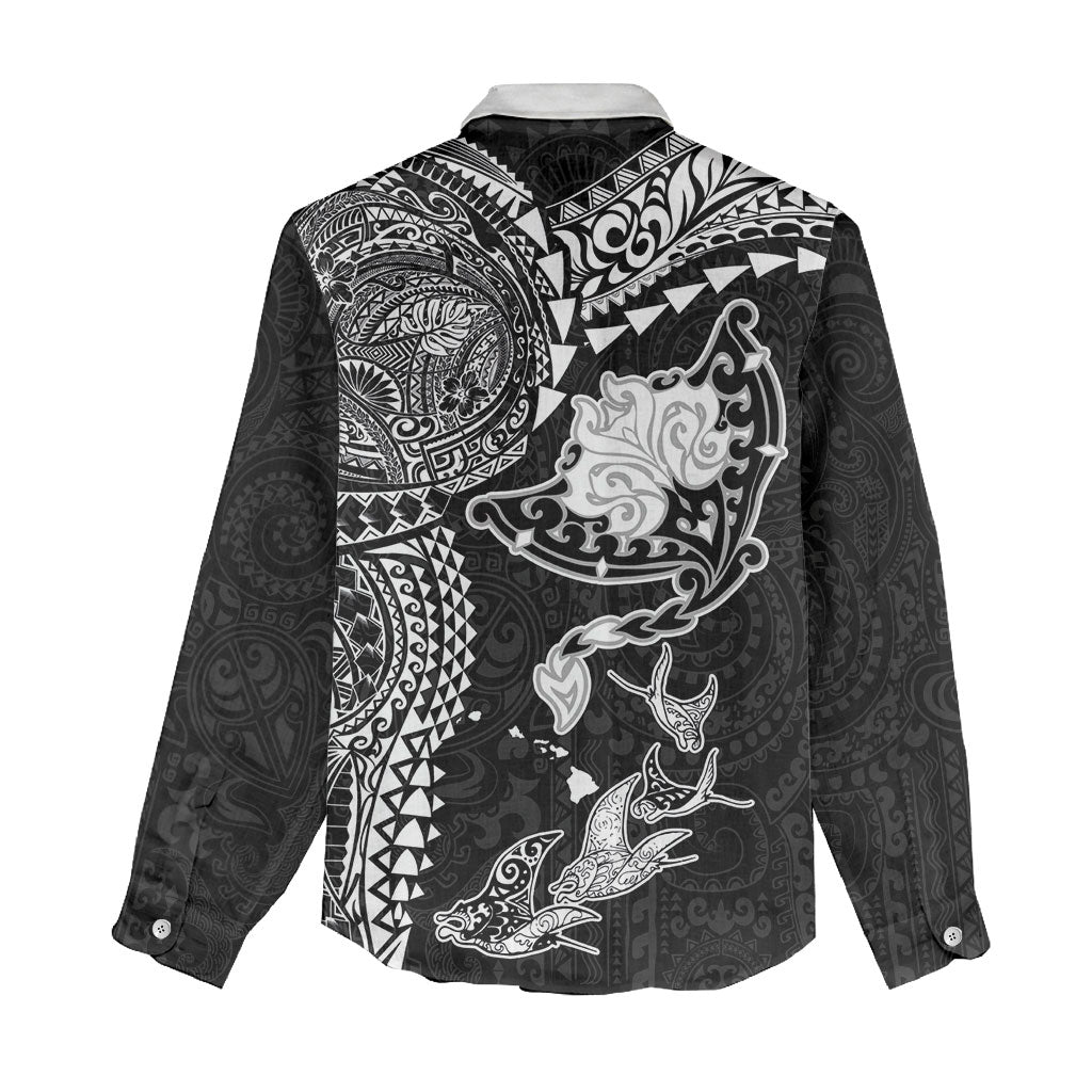 Hawaiian Manta Ray Tribal Women Casual Shirt Polynesian Art Motifs Black Color