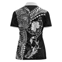 Hawaiian Manta Ray Tribal Women Polo Shirt Polynesian Art Motifs Black Color