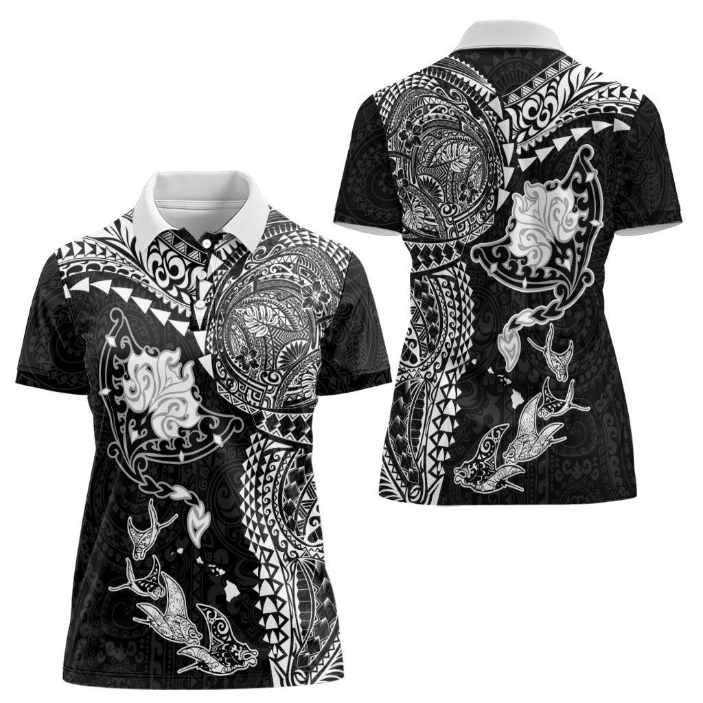 Hawaiian Manta Ray Tribal Women Polo Shirt Polynesian Art Motifs Black Color