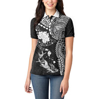 Hawaiian Manta Ray Tribal Women Polo Shirt Polynesian Art Motifs Black Color