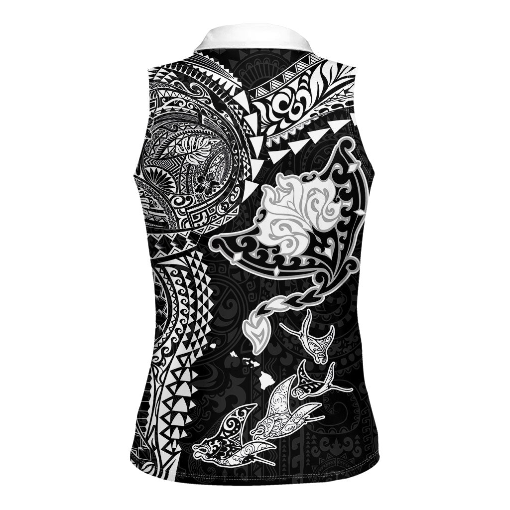 Hawaiian Manta Ray Tribal Women Sleeveless Polo Shirt Polynesian Art Motifs Black Color