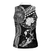 Hawaiian Manta Ray Tribal Women Sleeveless Polo Shirt Polynesian Art Motifs Black Color