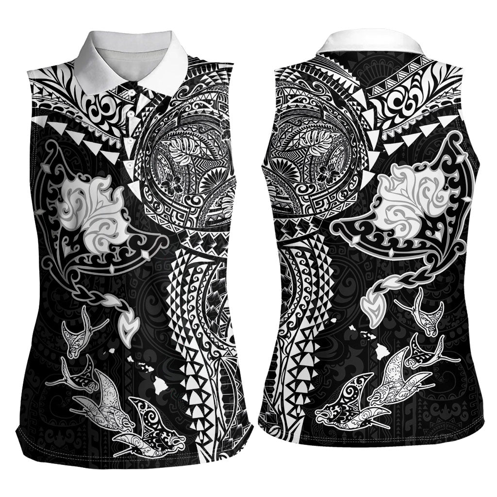 Hawaiian Manta Ray Tribal Women Sleeveless Polo Shirt Polynesian Art Motifs Black Color
