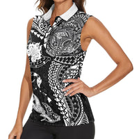 Hawaiian Manta Ray Tribal Women Sleeveless Polo Shirt Polynesian Art Motifs Black Color