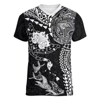 Hawaiian Manta Ray Tribal Women V-Neck T-Shirt Polynesian Art Motifs Black Color