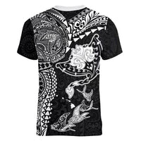 Hawaiian Manta Ray Tribal Women V-Neck T-Shirt Polynesian Art Motifs Black Color