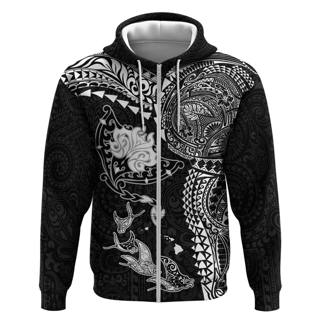 Hawaiian Manta Ray Tribal Zip Hoodie Polynesian Art Motifs Black Color LT03 Zip Hoodie Black - Polynesian Pride